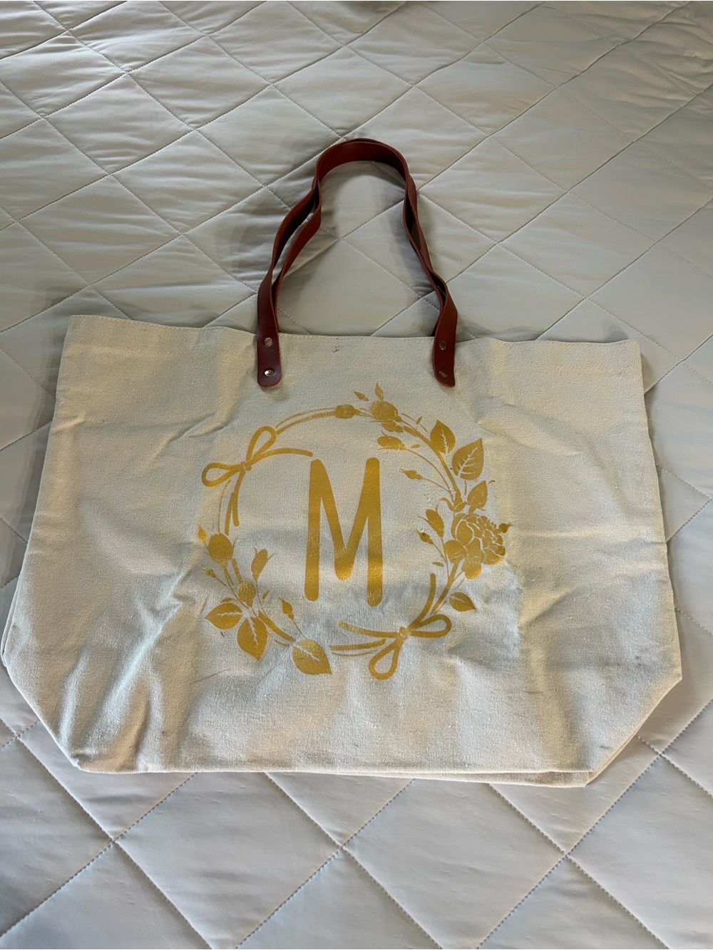 Amazon Cream Canvas Tote with Gold Monogram and Brown Handles